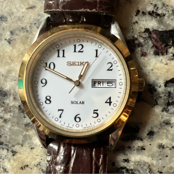 Seiko White Dial Gold-Tone Bezel Watch with Brown Strap